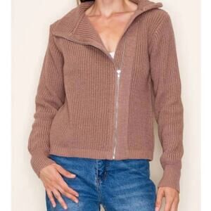 Staccato Brown Cotton Blend Chunky Knit Off Center Full Zip Cardigan Sweater L